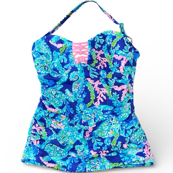 Lilly Pulitzer Lulo Tankini Corsica Pink Blue Turtle Villa Top